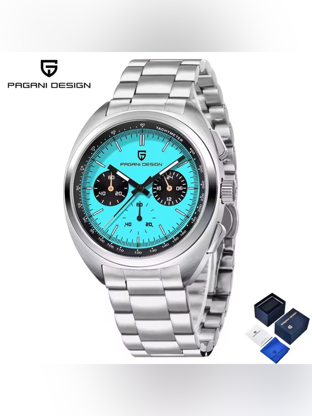 PAGANI PD-1782 Turquoise Dial Stainless Steel Chronograph Watch 39mm NEW IN BOX!